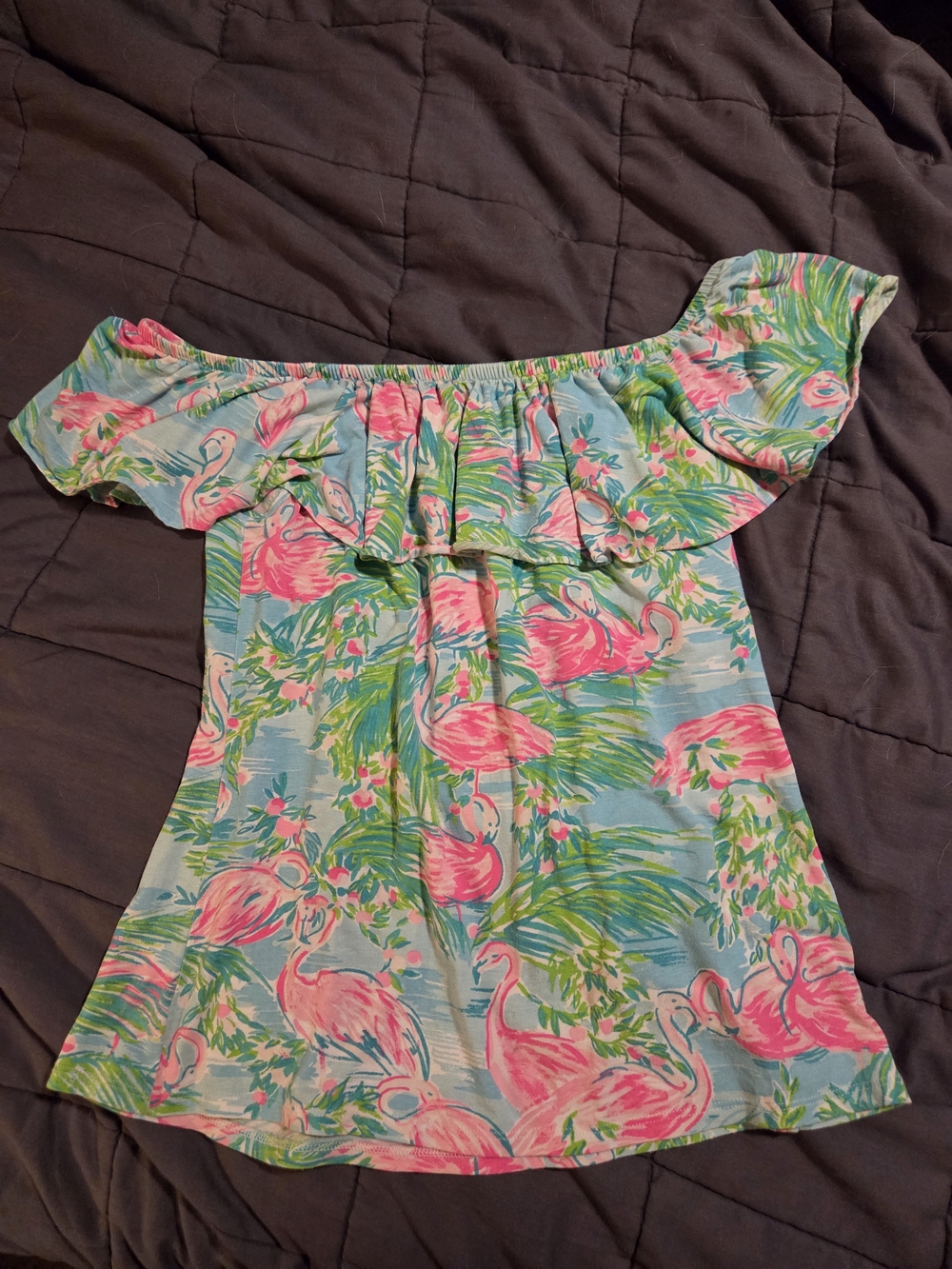 Lilly Pulitzer Pink Flamingo Off-Shoulder Ruffle Tank Top on Light Blue